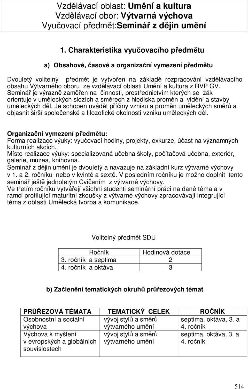 Umní a kultura z RVP GV. Seminá je výrazn zamen na innosti, prostednictvím kterých se žák orientuje v umleckých slozích a smrech z hlediska promn a vidní a stavby umleckých dl.