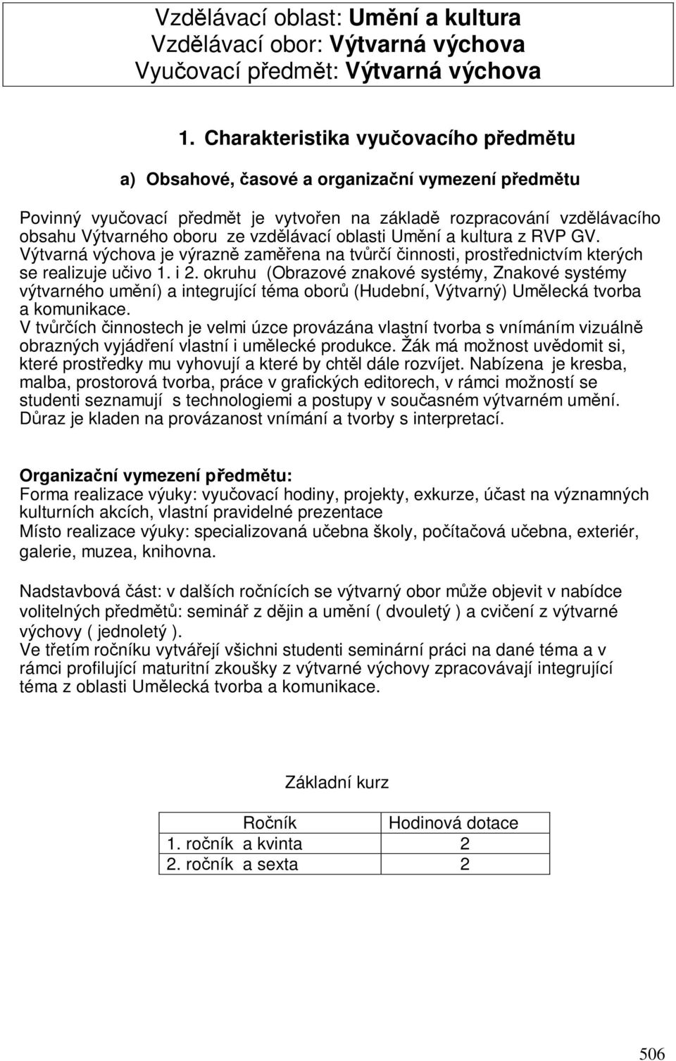 Umní a kultura z RVP GV. Výtvarná výchova je výrazn zamena na tvrí innosti, prostednictvím kterých se realizuje uivo 1. i 2.