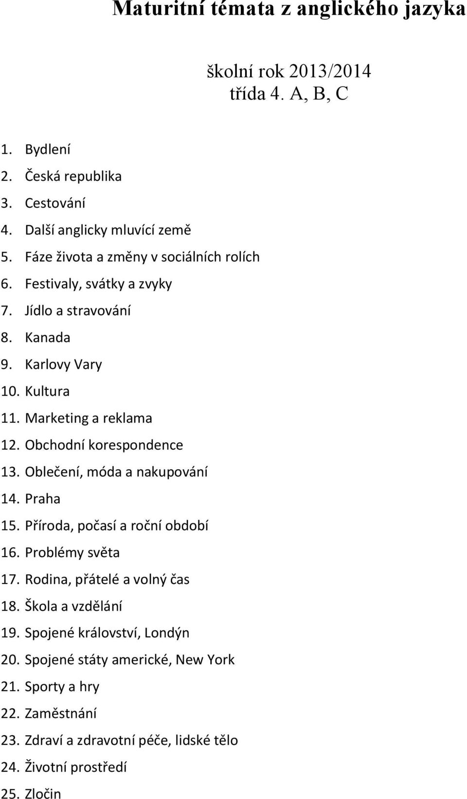 Obchodní korespondence 13. Oblečení, móda a nakupování 14. Praha 15. Příroda, počasí a roční období 16. Problémy světa 17. Rodina, přátelé a volný čas 18.