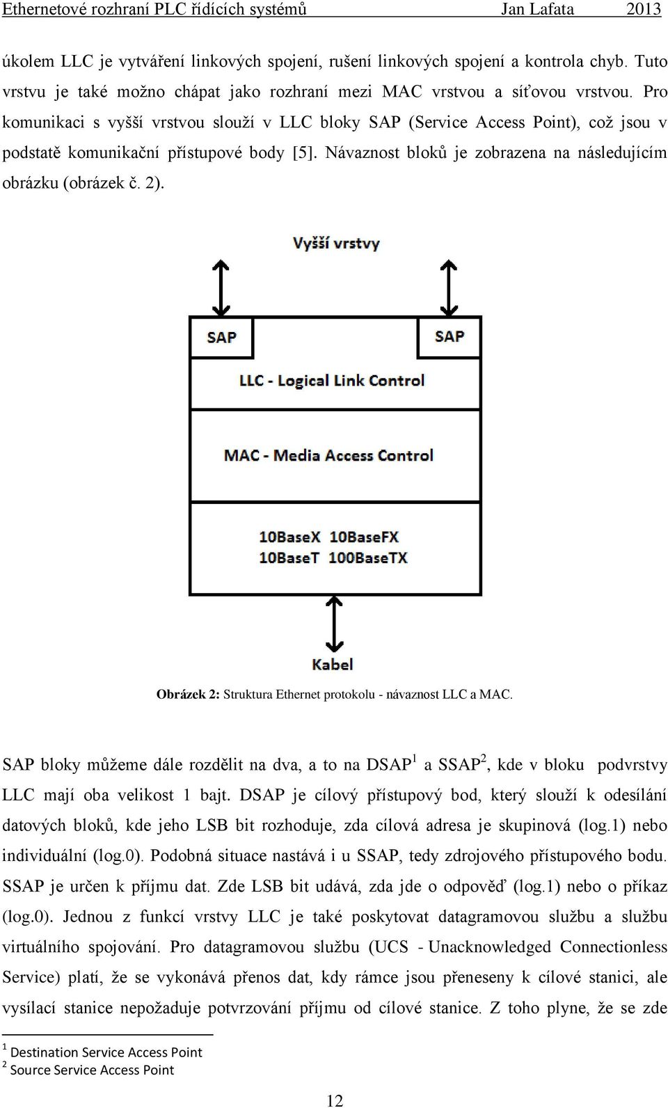 Obrázek 2: Struktura Ethernet protokolu - návaznost LLC a MAC. SAP bloky můžeme dále rozdělit na dva, a to na DSAP 1 a SSAP 2, kde v bloku podvrstvy LLC mají oba velikost 1 bajt.