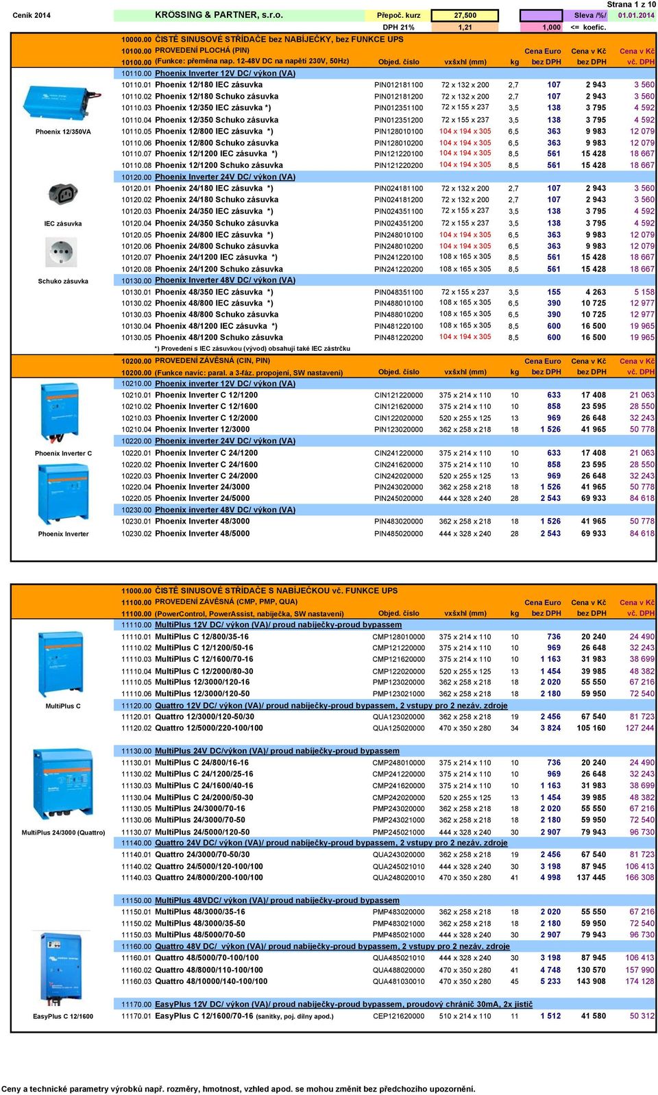 00 Phoenix Inverter 12V DC/ výkon (VA) 10110.01 Phoenix 12/180 IEC zásuvka PIN012181100 72 x 132 x 200 2,7 107 2 943 3 560 10110.