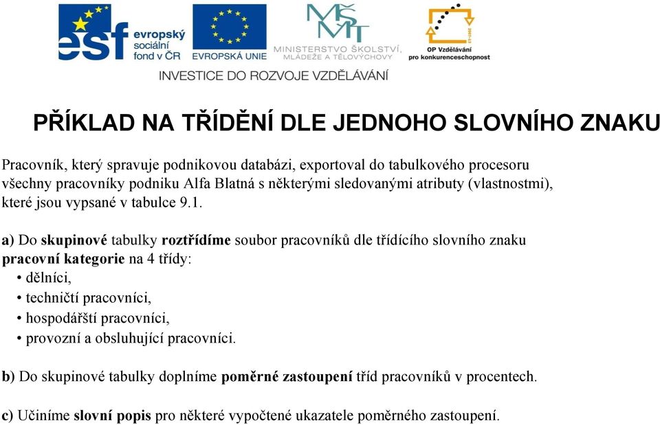 a) Do skupinové tabulky roztřídíme soubor pracovníků dle třídícího slovního znaku pracovní kategorie na 4 třídy: dělníci, techničtí pracovníci,