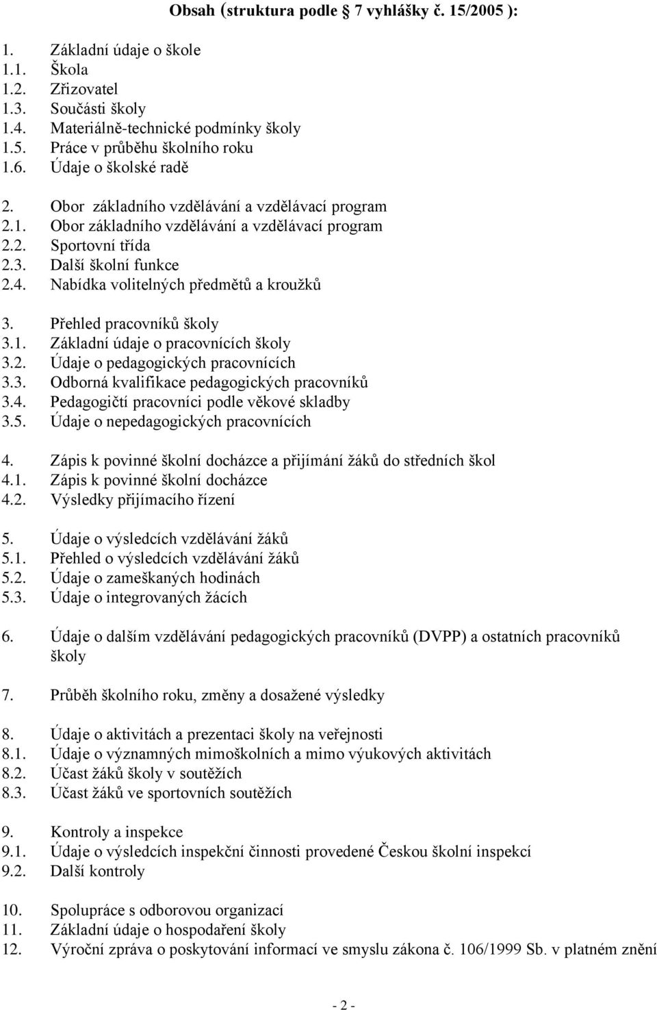 Další školní funkce 2.4. Nabídka volitelných předmětů a kroužků 3. Přehled pracovníků školy 3.1. Základní údaje o pracovnících školy 3.2. Údaje o pedagogických pracovnících 3.3. Odborná kvalifikace pedagogických pracovníků 3.