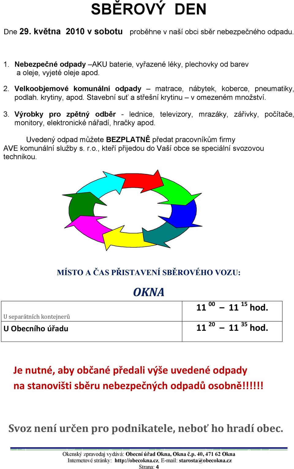 Uvedený odpad můžete BEZPLATNĚ předat pracovníkům firmy AVE komunální služby s. r.o., kteří přijedou do Vaší obce se speciální svozovou technikou.