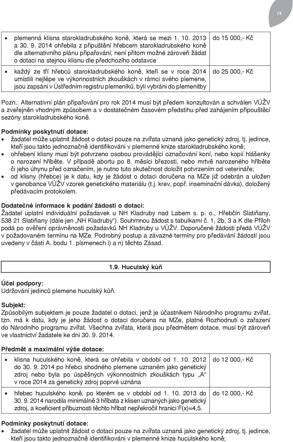 starokladrubského koně, kteří se v roce 2014 umístili nejlépe ve výkonnostních zkouškách v rámci svého plemene, jsou zapsáni v Ústředním registru plemeníků, byli vybráni do plemenitby do 15 000,- Kč