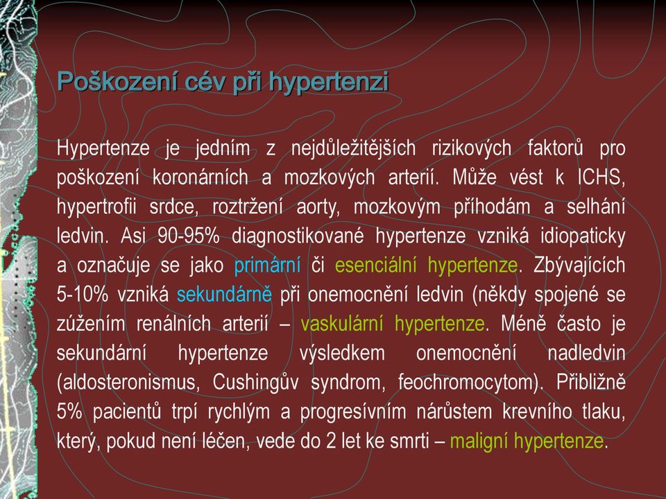 Asi 90-95% diagnostikované hypertenze vzniká idiopaticky a označuje se jako primární či esenciální hypertenze.