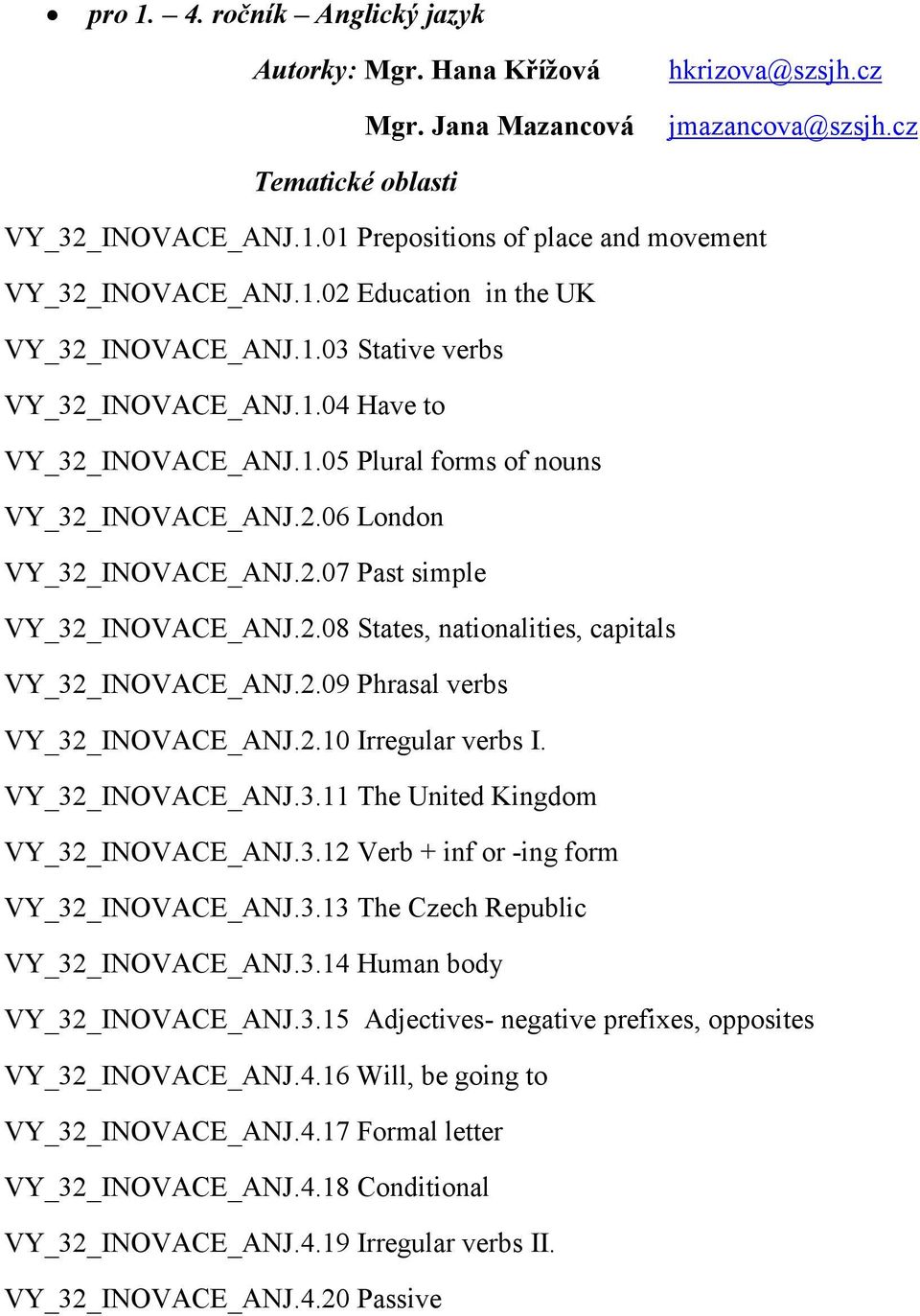 2.09 Phrasal verbs VY_32_INOVACE_ANJ.2.10 Irregular verbs I. VY_32_INOVACE_ANJ.3.11 The United Kingdom VY_32_INOVACE_ANJ.3.12 Verb + inf or -ing form VY_32_INOVACE_ANJ.3.13 The Czech Republic VY_32_INOVACE_ANJ.