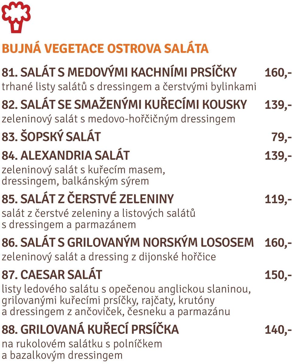 ALEXANDRIA SALÁT 139,- zeleninový salát s kuřecím masem, dressingem, balkánským sýrem 85. SALÁT Z ČERSTVÉ ZELENINY 119,- salát z čerstvé zeleniny a listových salátů s dressingem a parmazánem 86.