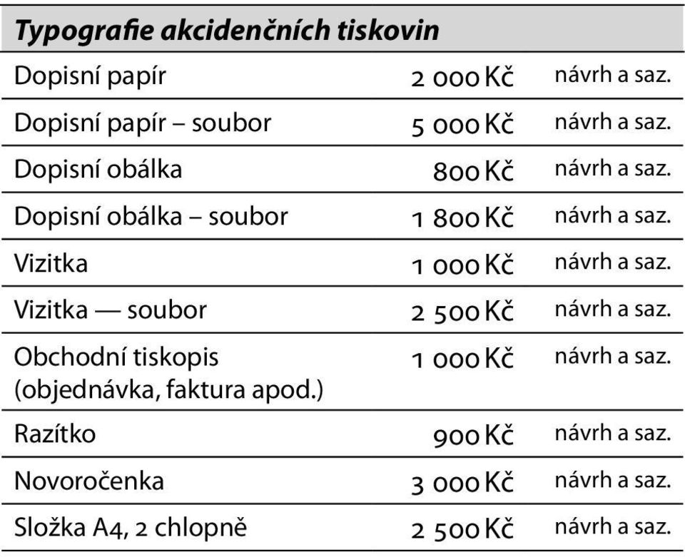 Dopisní obálka soubor 1 800 Kč návrh a saz. Vizitka 1 000 Kč návrh a saz.