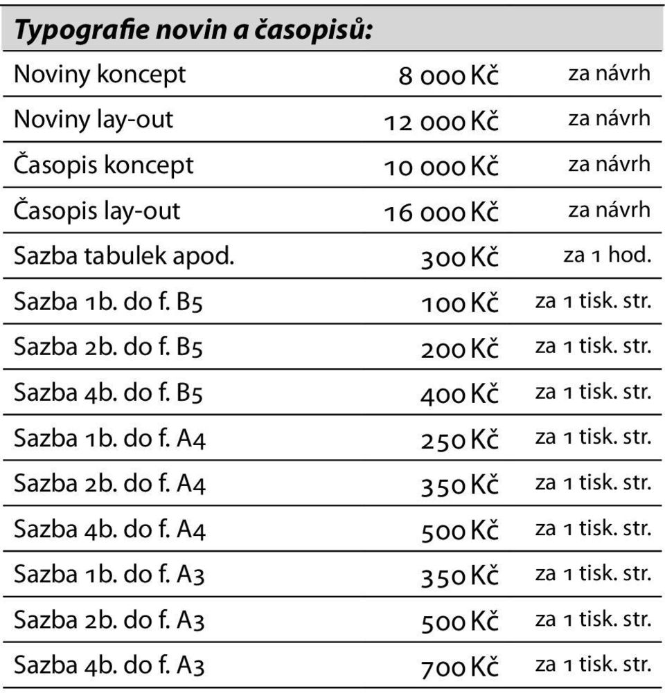 str. Sazba 4b. do f. B5 400 Kč za 1 tisk. str. Sazba 1b. do f. A4 250 Kč za 1 tisk. str. Sazba 2b. do f. A4 350 Kč za 1 tisk. str. Sazba 4b. do f. A4 500 Kč za 1 tisk.