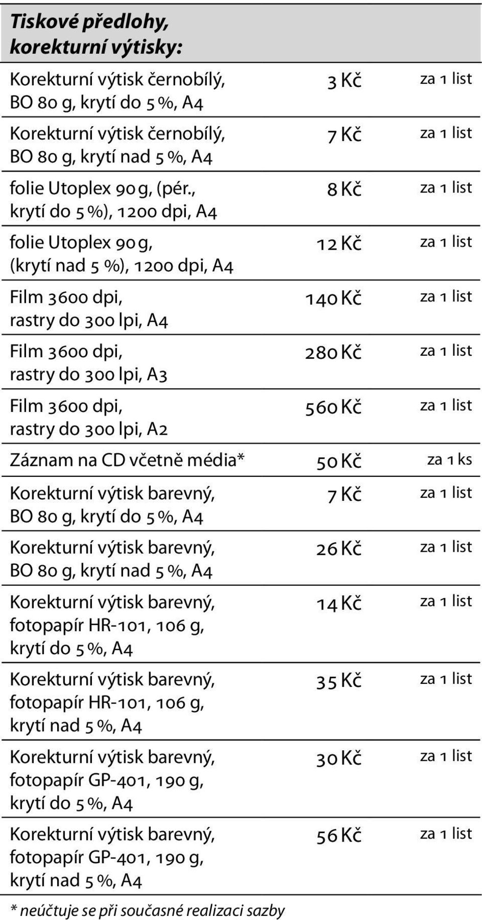 1 list 7 Kč za 1 list 8 Kč za 1 list 12 Kč za 1 list 140 Kč za 1 list 280 Kč za 1 list 560 Kč za 1 list Záznam na CD včetně média* 50 Kč za 1 ks BO 80 g, krytí do 5 %, A4 BO 80 g, krytí nad 5 %, A4