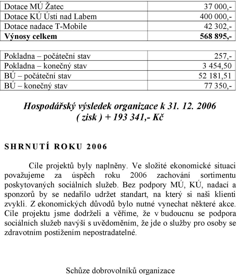 Ve složité ekonomické situaci považujeme za úspěch roku 2006 zachování sortimentu poskytovaných sociálních služeb.