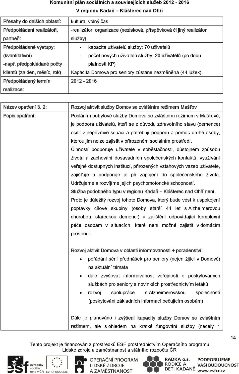 2: Popis Rozvoj aktivit služby Domov se zvláštním režimem Mašťov Posláním pobytové služby Domova se zvláštním režimem v Mašťově, je podpora uživatelů, kteří se z důvodu zdravotního stavu (demence)