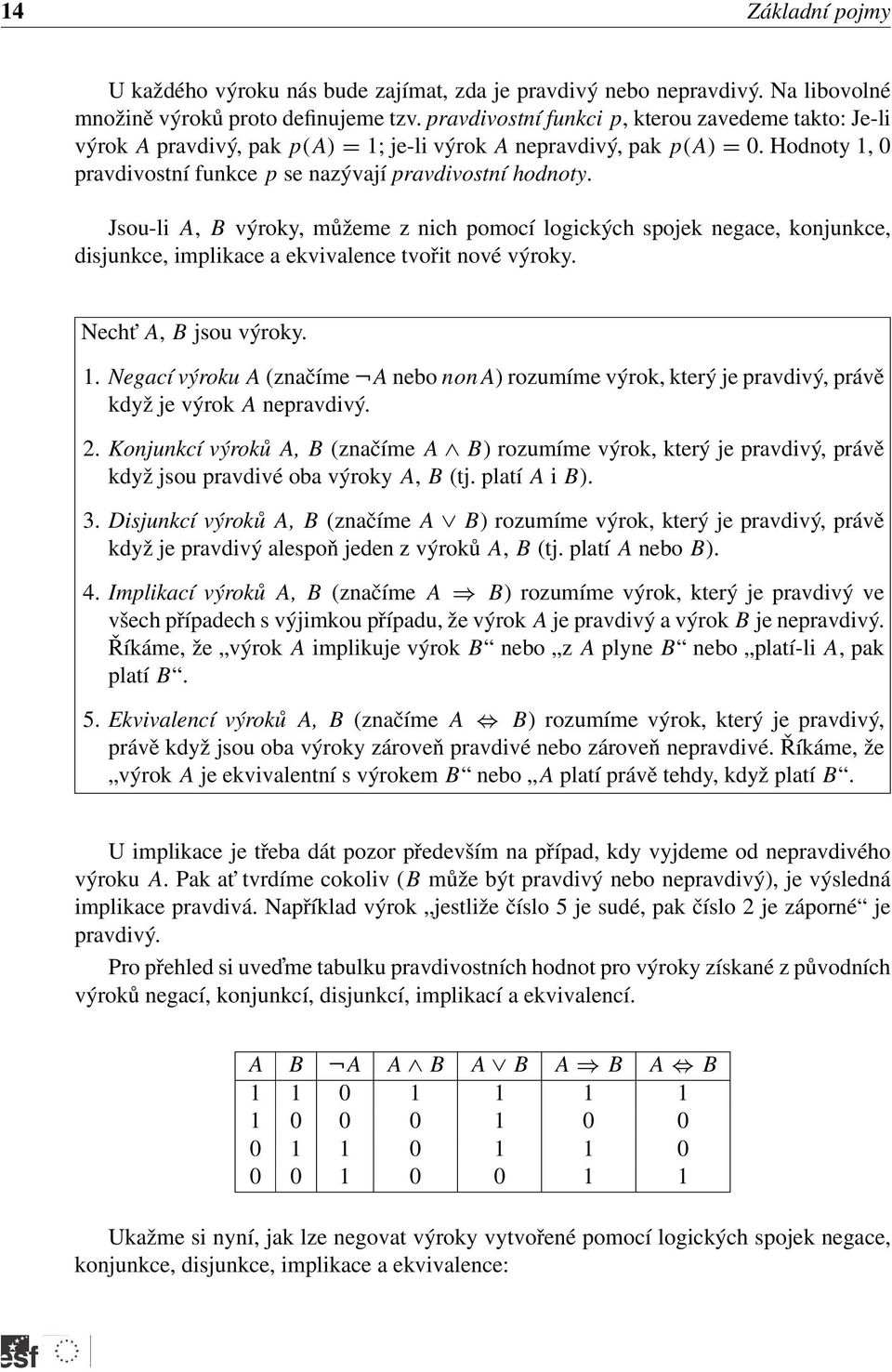 Jsou-li A, B výroky, můžeme z nich pomocí logických spojek negace, konjunkce, disjunkce, implikace a ekvivalence tvořit nové výroky. Necht A, B jsou výroky.