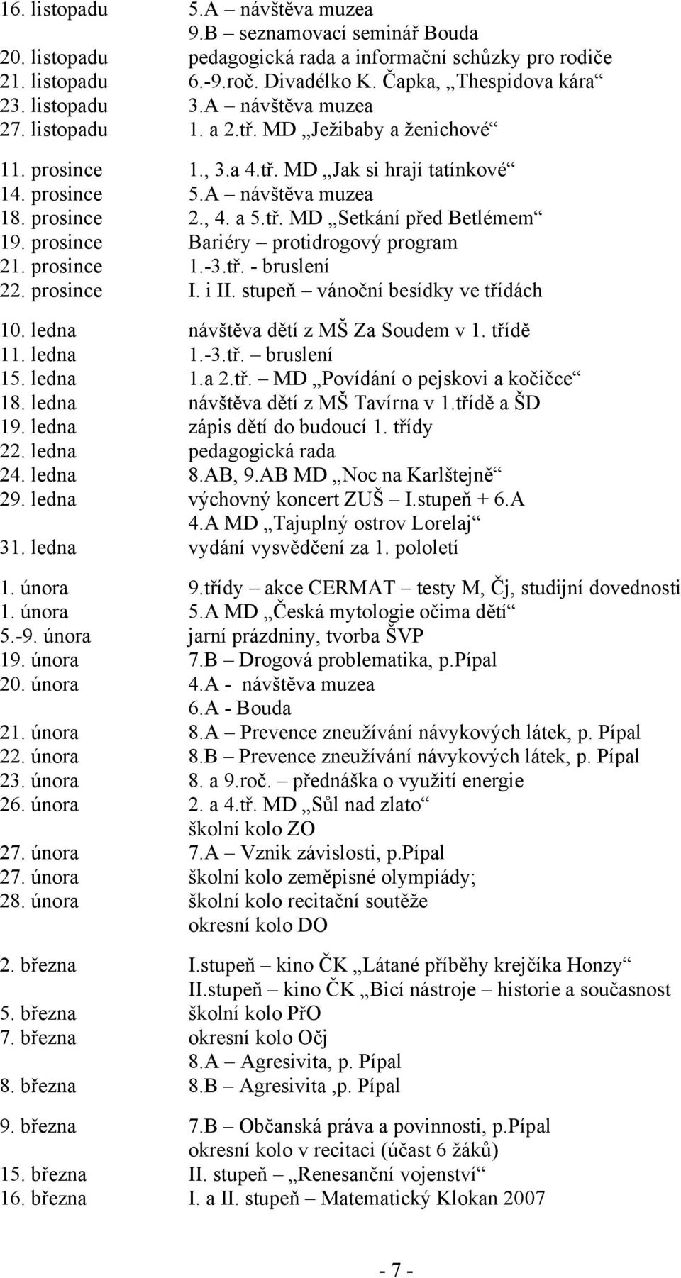 prosince Bariéry protidrogový program 21. prosince 1.-3.tř. - bruslení 22. prosince I. i II. stupeň vánoční besídky ve třídách 10. ledna návštěva dětí z MŠ Za Soudem v 1. třídě 11. ledna 1.-3.tř. bruslení 15.