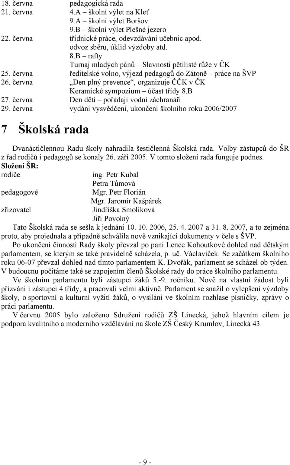 června Den plný prevence, organizuje ČČK v ČK Keramické sympozium účast třídy 8.B 27. června Den dětí pořádají vodní záchranáři 29.