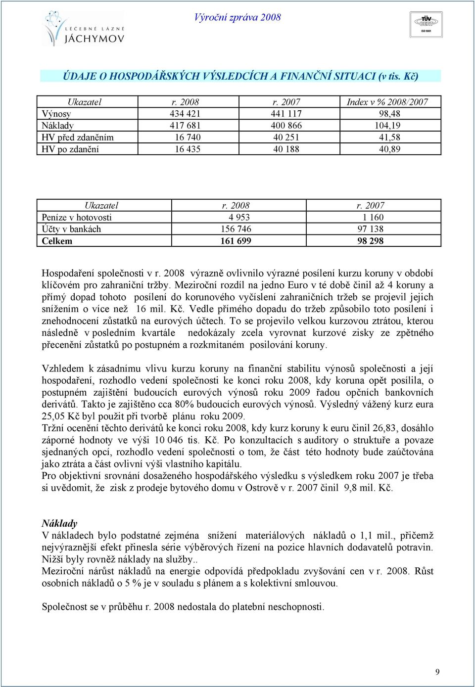 2007 Peníze v hotovosti 4 953 1 160 Účty v bankách 156 746 97 138 Celkem 161 699 98 298 Hospodaření společnosti v r.