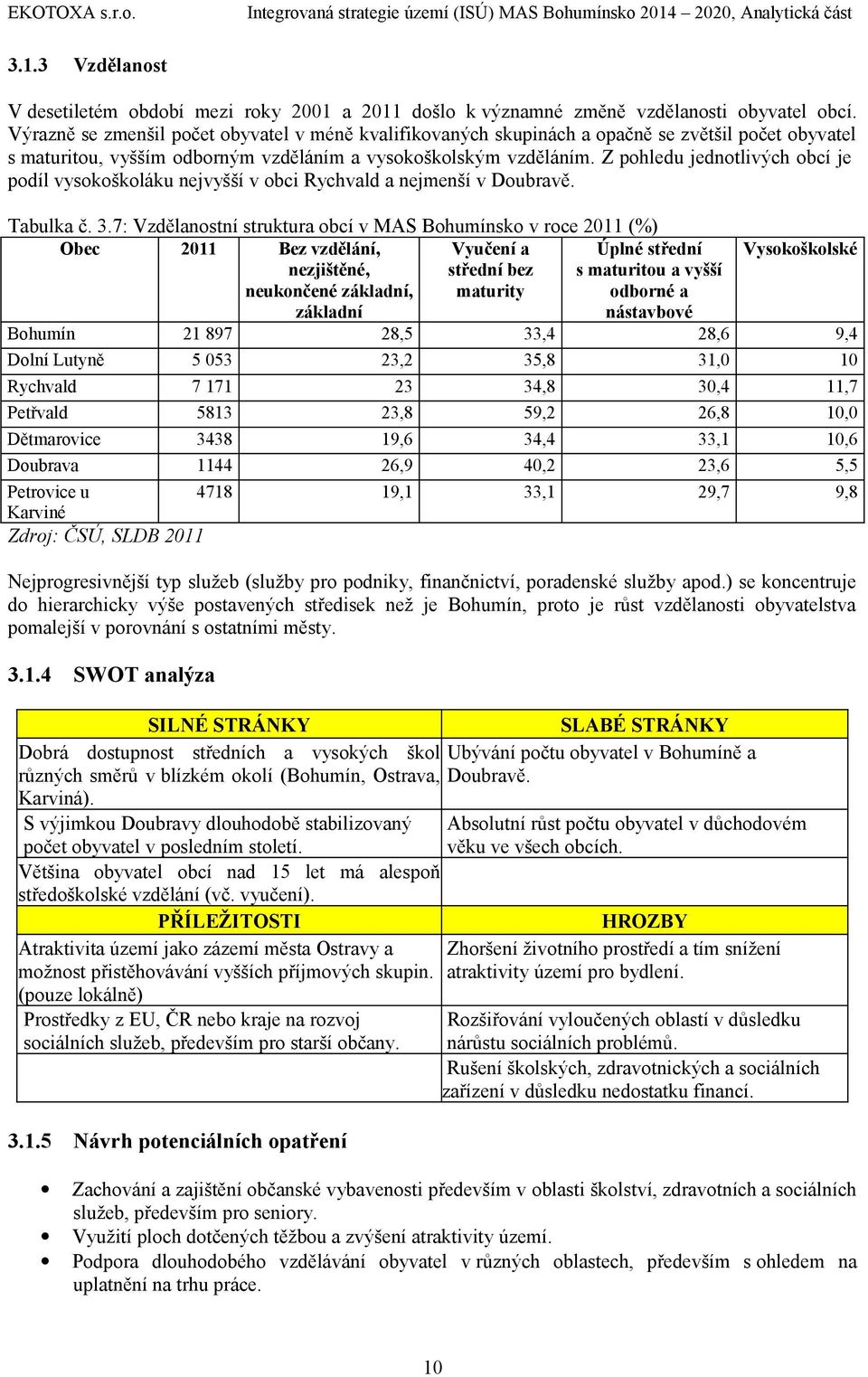 vysokoškoláku nejvyšší v obci Rychvald a nejmenší v Doubravě Tabulka č 7: Vzdělanostní struktura obcí v MAS Bohumínsko v roce 0 (%) Obec Bohumín Dolní Lutyně Rychvald Petřvald Dětmarovice Doubrava