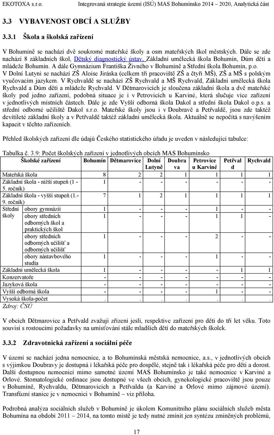 Střední škola Bohumín, po V Dolní Lutyni se nachází ZŠ Aloise Jiráska (celkem tři pracoviště ZŠ a čtyři MŠ), ZŠ a MŠ s polským vyučovacím jazykem V Rychvaldě se nachází ZŠ Rychvald a MŠ Rychvald,