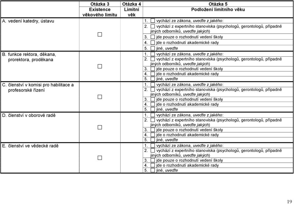 funkce rektora, děkana, 1. vychází ze zákona, uveďte z jakého: prorektora, proděkana 2. vychází z expertního stanoviska (psychologů, gerontologů, případně jiných odborníků, uveďte jakých) 3.