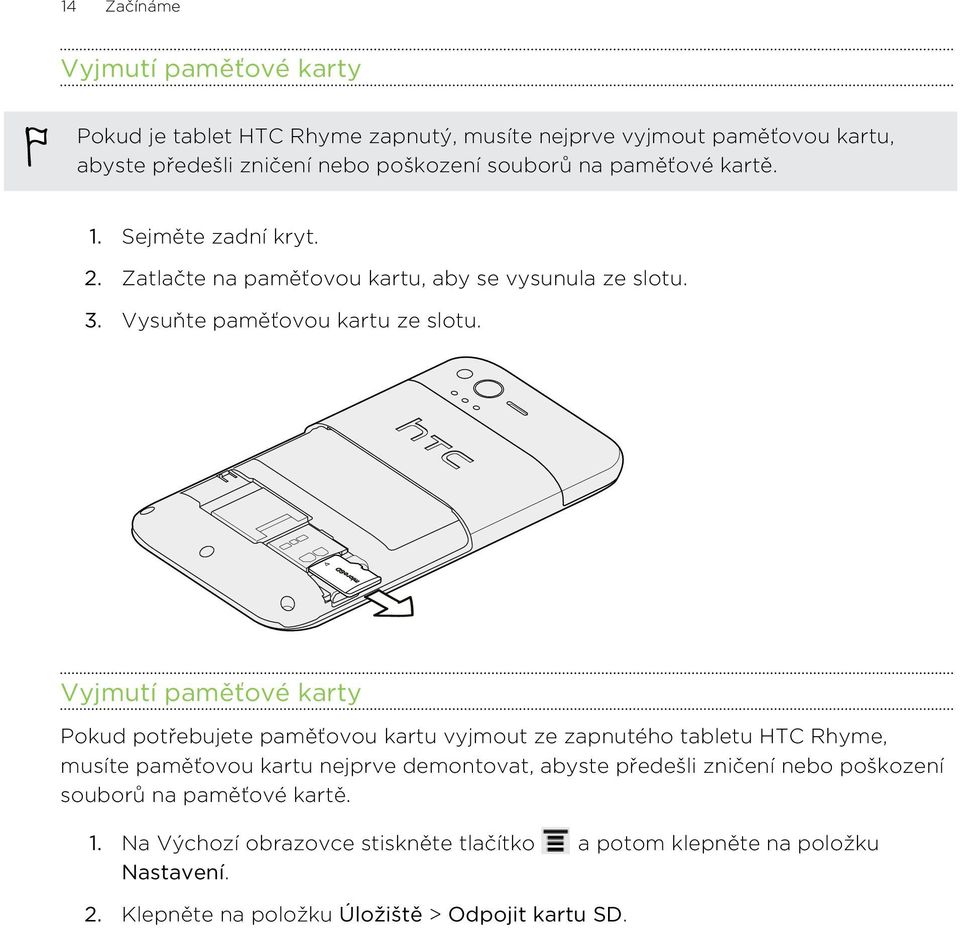 Vyjmutí paměťové karty Pokud potřebujete paměťovou kartu vyjmout ze zapnutého tabletu HTC Rhyme, musíte paměťovou kartu nejprve demontovat, abyste předešli