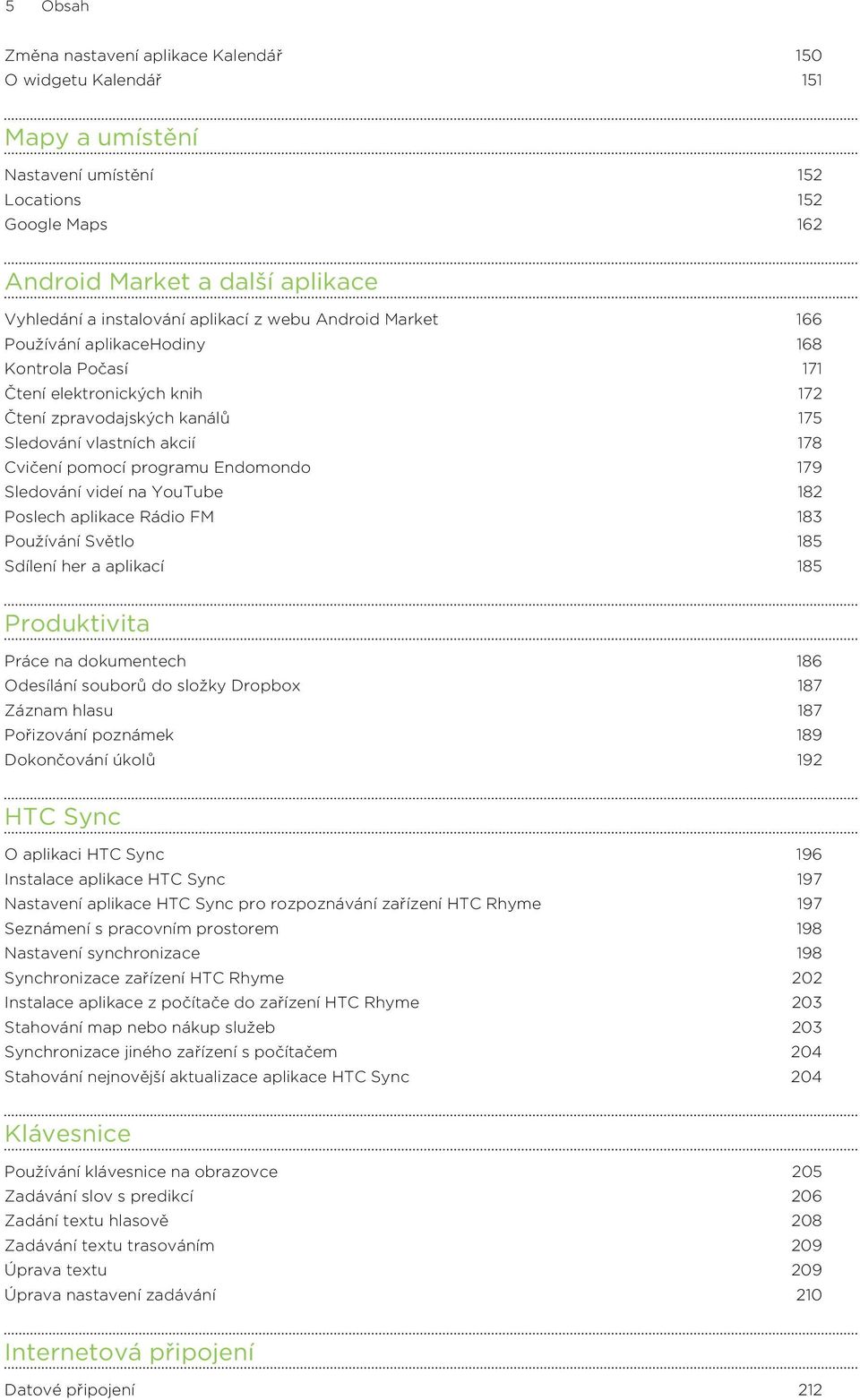 Endomondo 179 Sledování videí na YouTube 182 Poslech aplikace Rádio FM 183 Používání Světlo 185 Sdílení her a aplikací 185 Produktivita Práce na dokumentech 186 Odesílání souborů do složky Dropbox