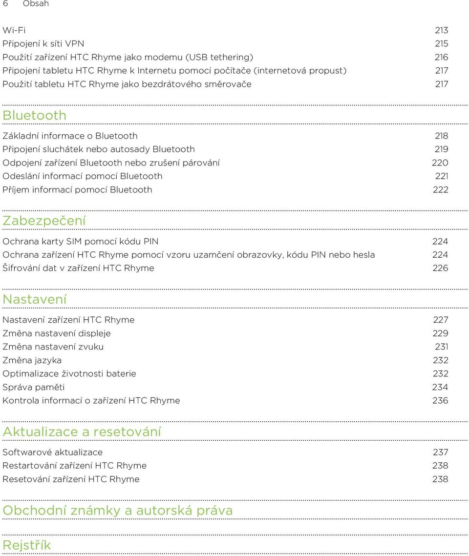 informací pomocí Bluetooth 221 Příjem informací pomocí Bluetooth 222 Zabezpečení Ochrana karty SIM pomocí kódu PIN 224 Ochrana zařízení HTC Rhyme pomocí vzoru uzamčení obrazovky, kódu PIN nebo hesla