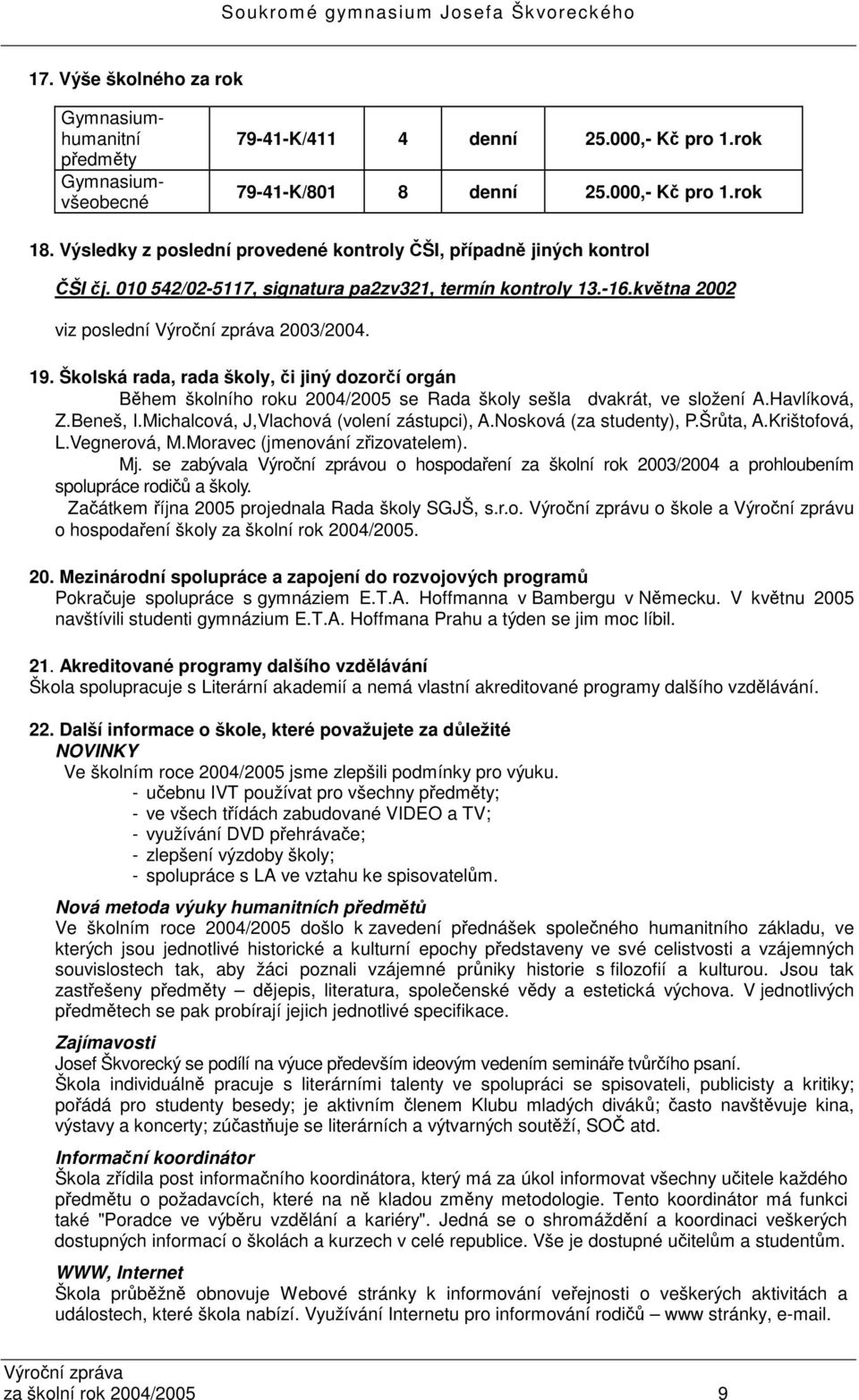 Školská rada, rada školy, i jiný dozorí orgán Bhem školního roku 2004/2005 se Rada školy sešla dvakrát, ve složení A.Havlíková, Z.Beneš, I.Michalcová, J,Vlachová (volení zástupci), A.