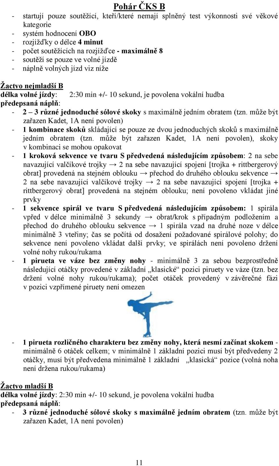 sólové skoky s maximálně jedním obratem (tzn. může být zařazen Kadet, 1A není povolen) - 1 kombinace skoků skládající se pouze ze dvou jednoduchých skoků s maximálně jedním obratem (tzn.