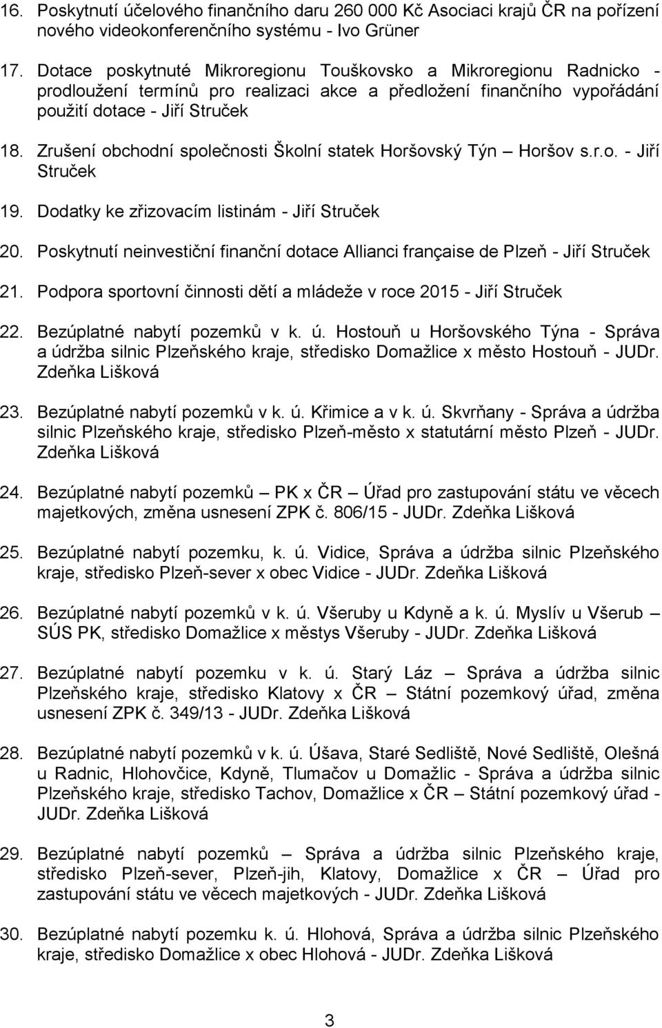 Zrušení obchodní společnosti Školní statek Horšovský Týn Horšov s.r.o. - Jiří Struček 19. Dodatky ke zřizovacím listinám - Jiří Struček 20.