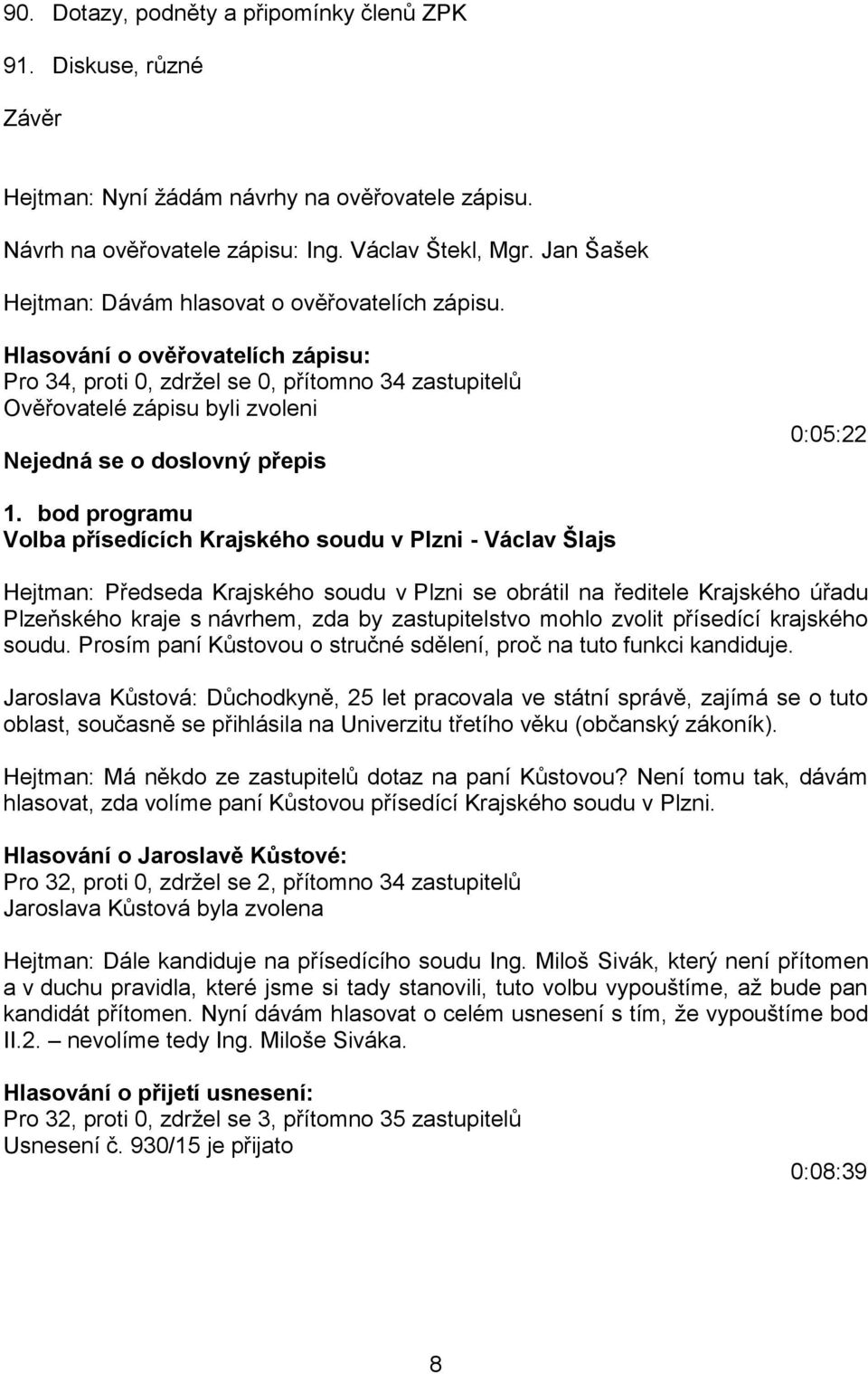 Hlasování o ověřovatelích zápisu: Pro 34, proti 0, zdržel se 0, přítomno 34 zastupitelů Ověřovatelé zápisu byli zvoleni Nejedná se o doslovný přepis 0:05:22 1.