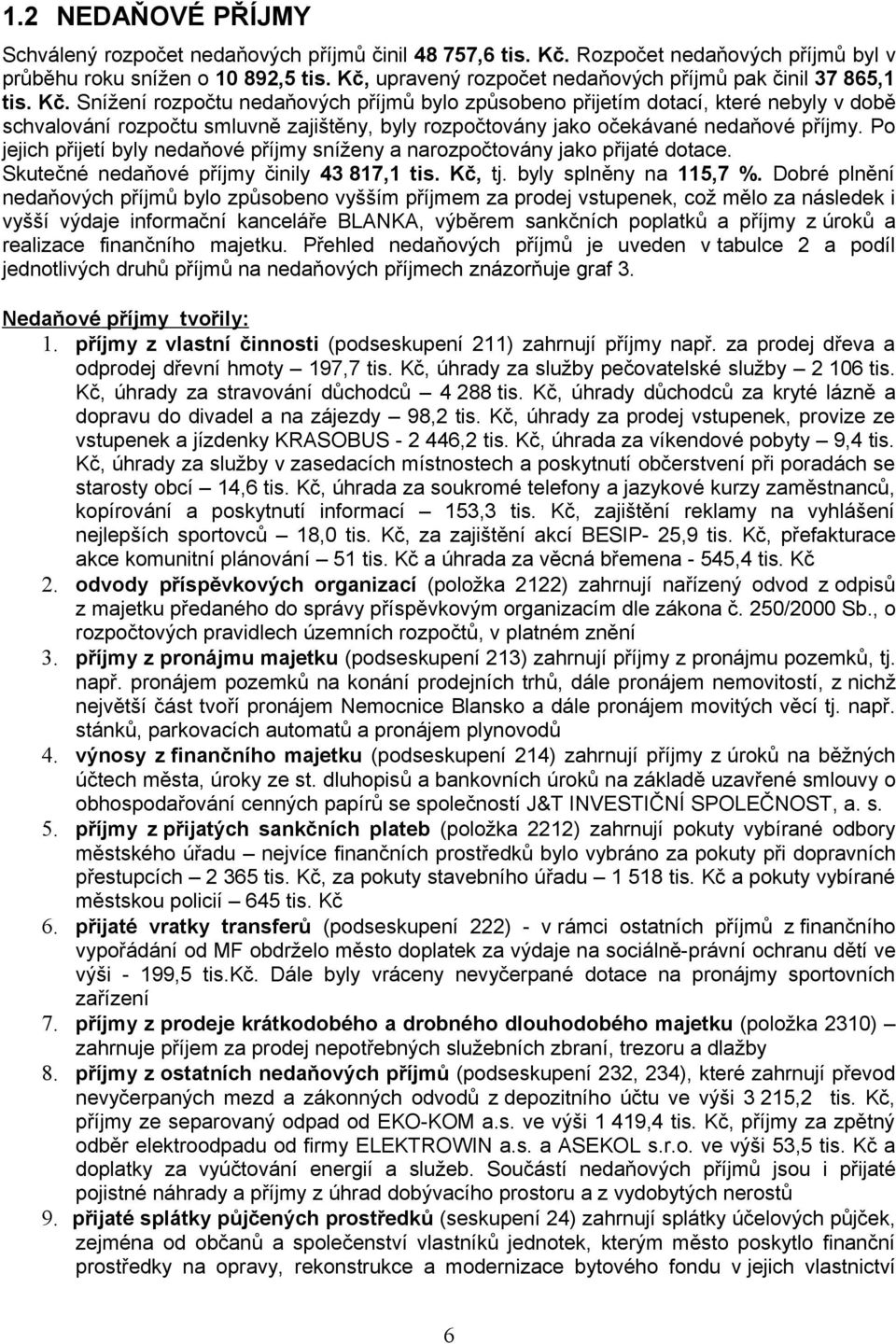 Po jejich přijetí byly nedaňové příjmy sníženy a narozpočtovány jako přijaté dotace. nedaňové příjmy činily 43 817,1 tis., tj. byly splněny na 115,7 %.