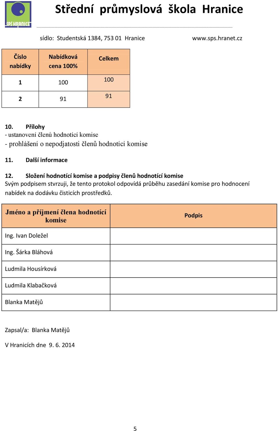 Složení hodnotící komise a podpisy členů hodnotící komise Svým podpisem stvrzuji, že tento protokol odpovídá průběhu zasedání komise pro