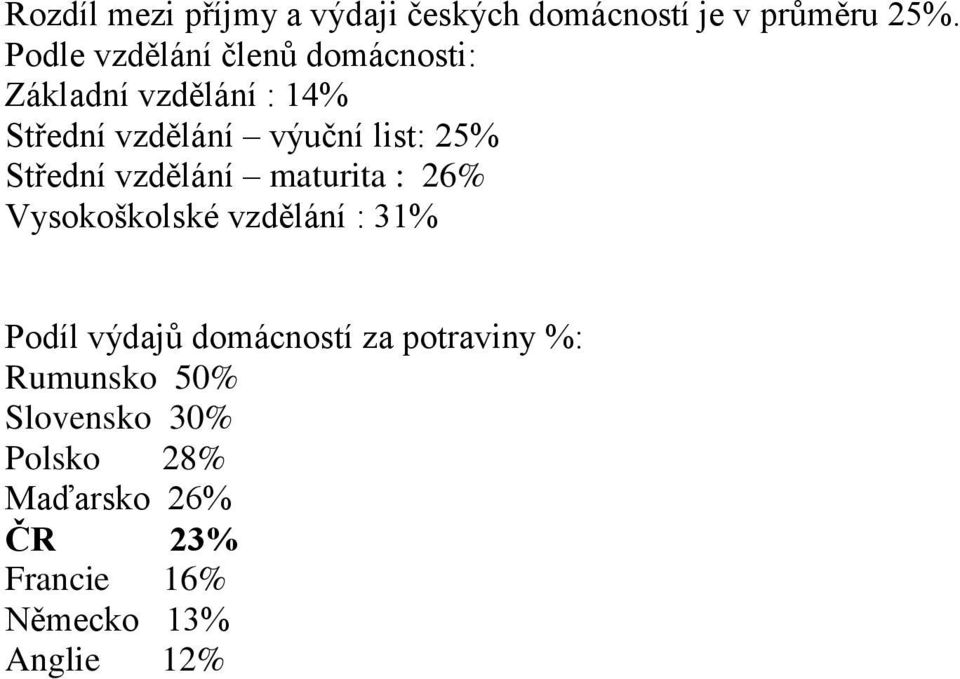 25% Střední vzdělání maturita : 26% Vysokoškolské vzdělání : 31% Podíl výdajů