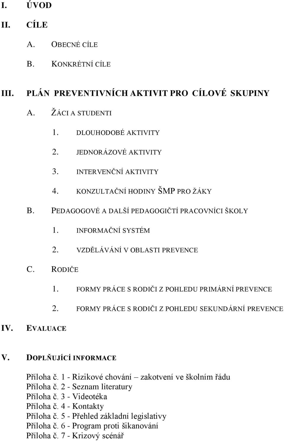 FORMY PRÁCE S RODIČI Z POHLEDU PRIMÁRNÍ PREVENCE 2. FORMY PRÁCE S RODIČI Z POHLEDU SEKUNDÁRNÍ PREVENCE IV. EVALUACE V. DOPLŇUJÍCÍ INFORMACE Příloha č.