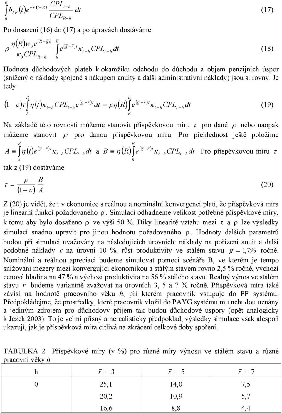 Je edy: R ( g r ) ( g r ) ( c) τ η ( ) κ CPL e d ρη( R) e E 1 = κ CPL d (19) R a základě éo rovnosi můžeme sanovi příspěvkovou míru τ pro dané ρ nebo naopak můžeme sanovi ρ pro danou příspěvkovou