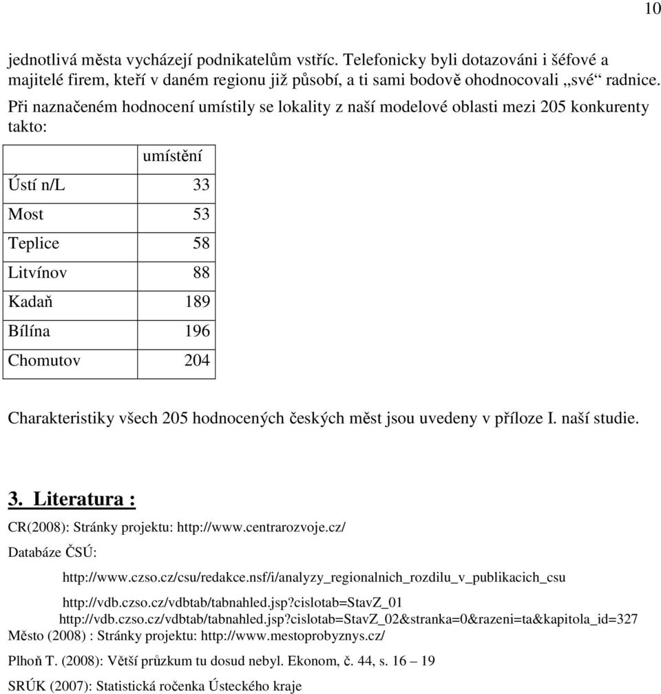 všech 205 hodnocených českých měst jsou uvedeny v příloze I. naší studie. 3. Literatura : CR(2008): Stránky projektu: http://www.centrarozvoje.cz/ Databáze ČSÚ: http://www.czso.cz/csu/redakce.