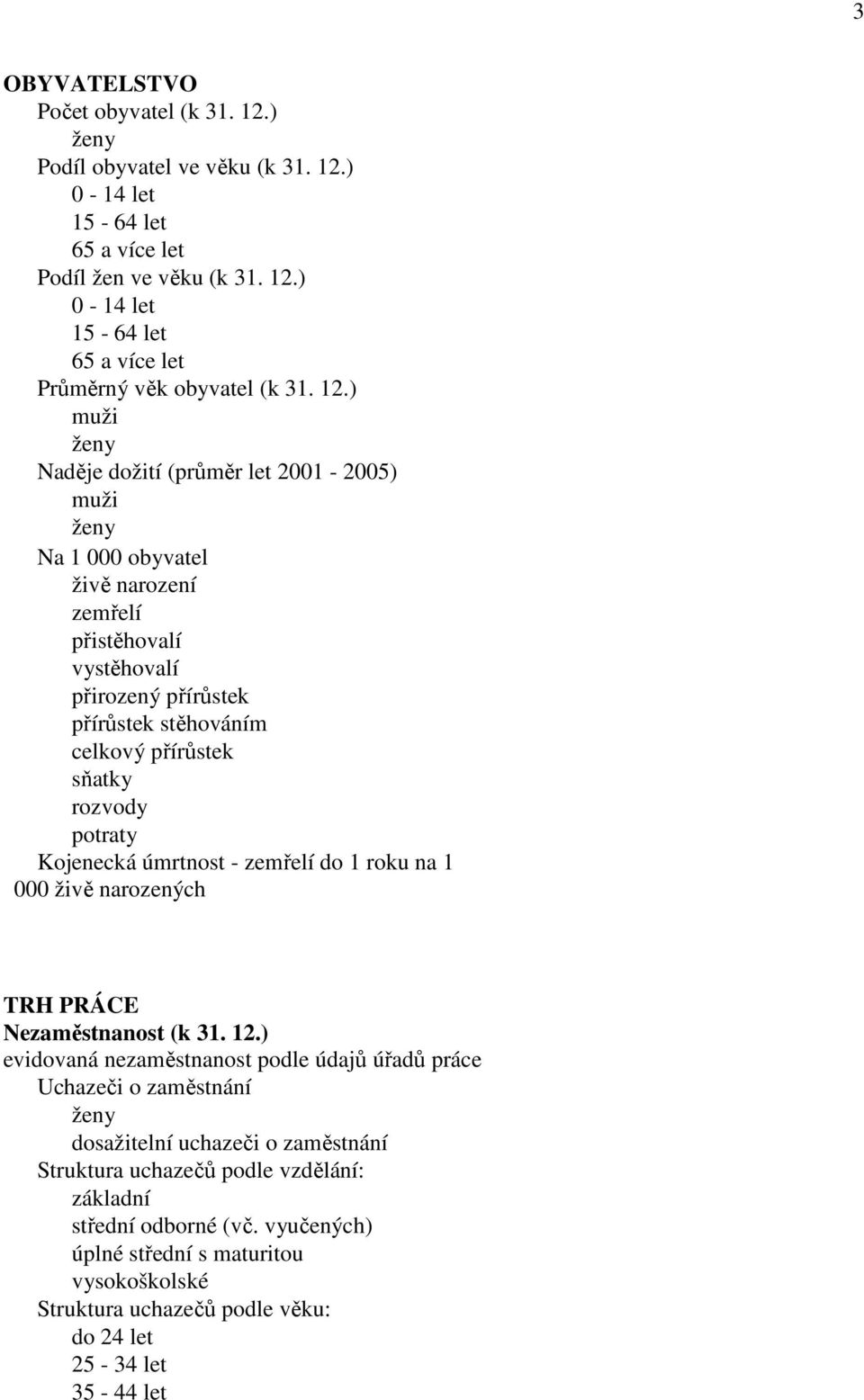 rozvody potraty Kojenecká úmrtnost - zemřelí do 1 roku na 1 000 živě narozených TRH PRÁCE Nezaměstnanost (k 31. 12.