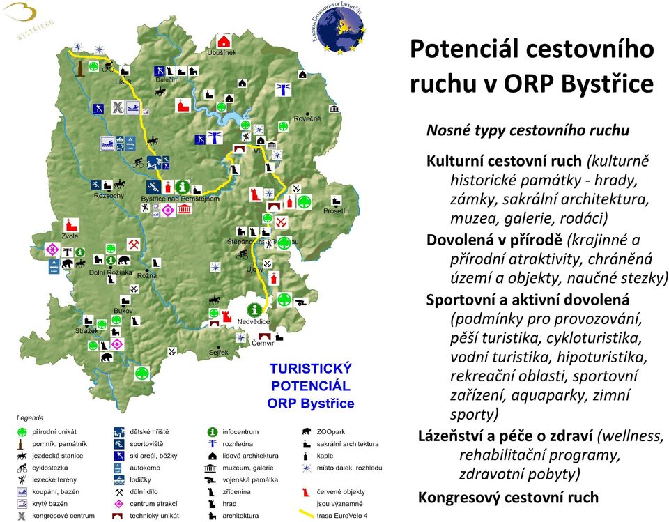 Sportovní a aktivní dovolená (podmínky pro provozování, pěší turistika, cykloturistika, vodní turistika, hipoturistika, rekreační oblasti,