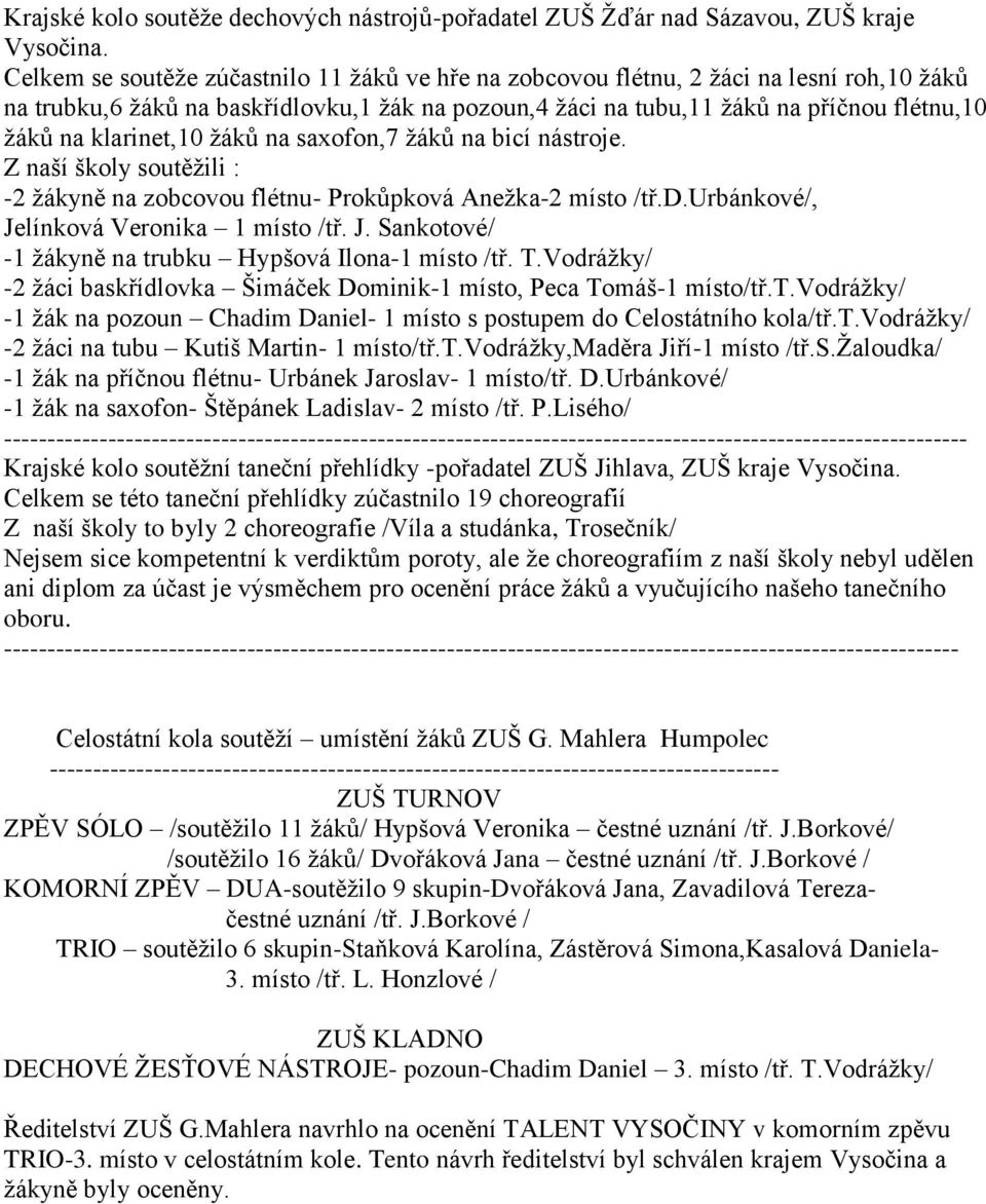 klarinet,10 žáků na saxofon,7 žáků na bicí nástroje. Z naší školy soutěžili : -2 žákyně na zobcovou flétnu- Prokůpková Anežka-2 místo /tř.d.urbánkové/, Je