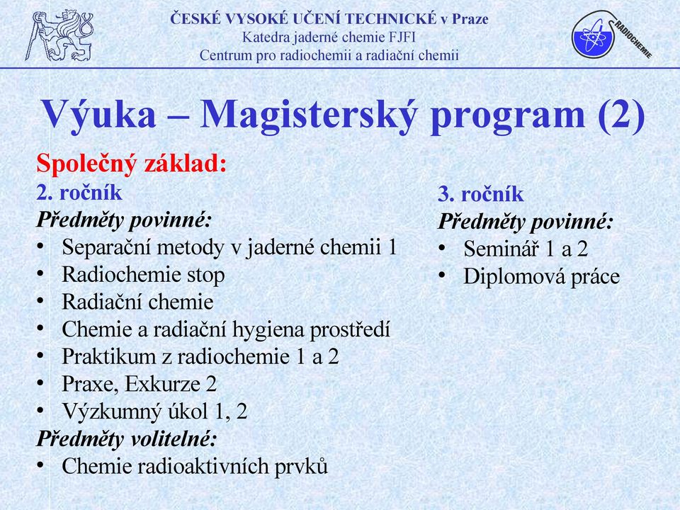 chemie Chemie a radiační hygiena prostředí Praktikum z radiochemie 1 a 2 Praxe, Exkurze