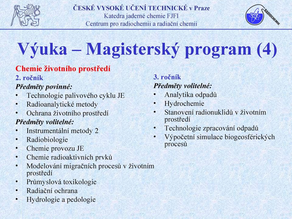 Instrumentální metody 2 Radiobiologie Chemie provozu JE Chemie radioaktivních prvků Modelování migračních procesů v životním prostředí