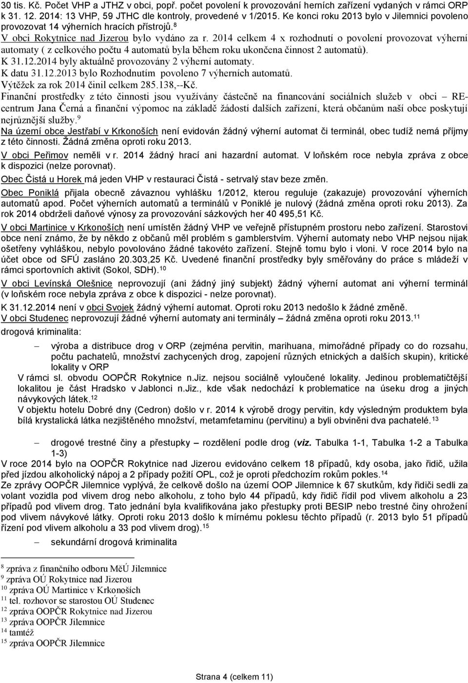 2014 celkem 4 x rozhodnutí o povolení provozovat výherní automaty ( z celkového počtu 4 automatů byla během roku ukončena činnost 2 automatů). K 31.12.