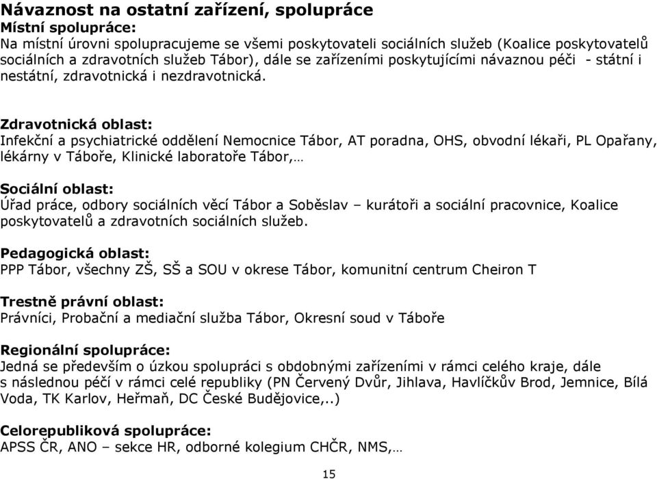 Zdravotnická oblast: Infekční a psychiatrické oddělení Nemocnice Tábor, AT poradna, OHS, obvodní lékaři, PL Opařany, lékárny v Táboře, Klinické laboratoře Tábor, Sociální oblast: Úřad práce, odbory