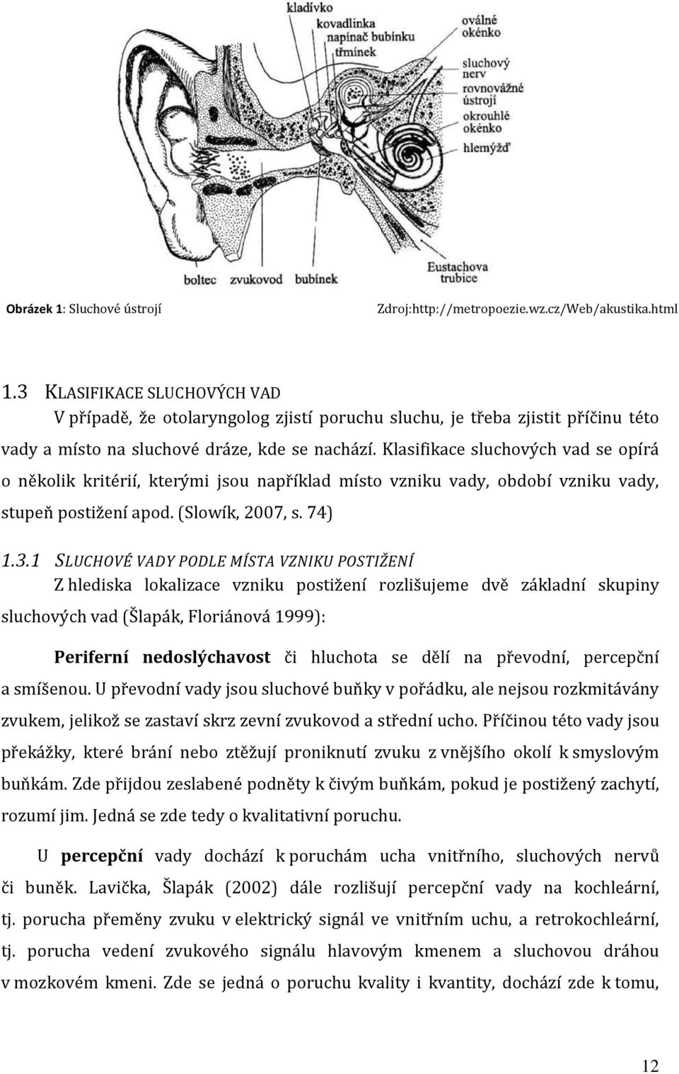 Klasifikace sluchových vad se opírá o několik kritérií, kterými jsou například místo vzniku vady, období vzniku vady, stupeň postižení apod. (Slowík, 2007, s. 74) 1.3.