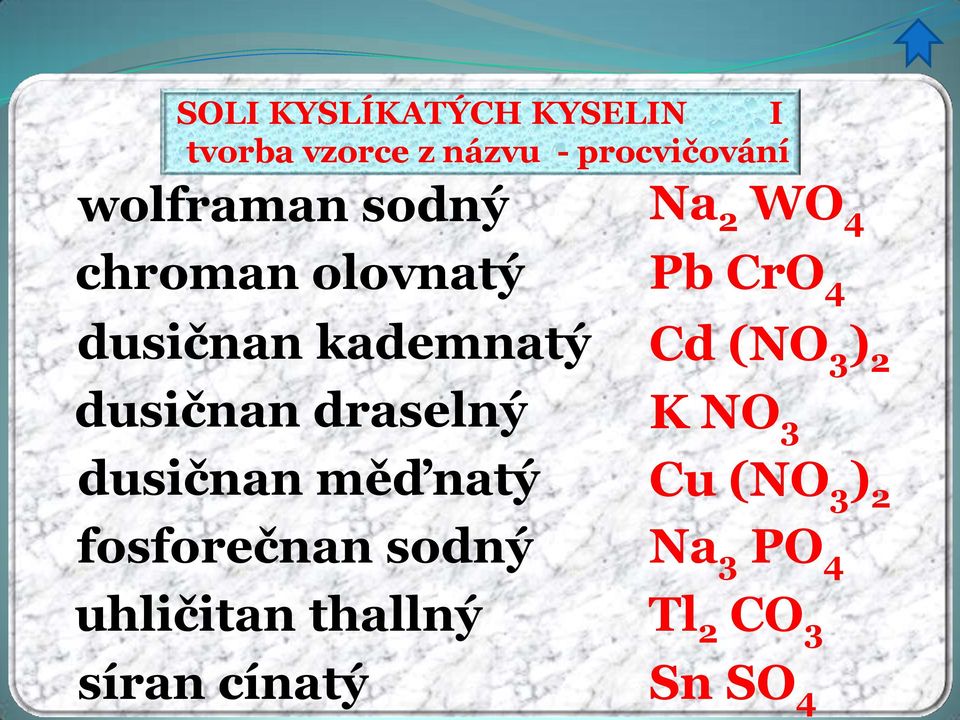 kademnatý Cd (NO 3 ) 2 dusičnan draselný K NO 3 dusičnan měďnatý Cu