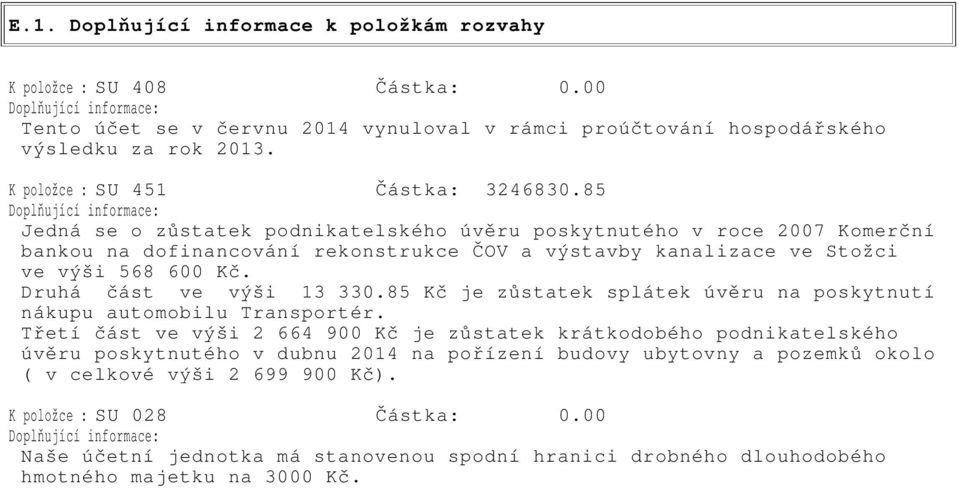 85 Doplňující informace: Jedná se o zůstatek podnikatelského úvěru poskytnutého v roce 2007 Komerční bankou na dofinancování rekonstrukce ČOV a výstavby kanalizace ve Stožci ve výši 568 600 Kč.