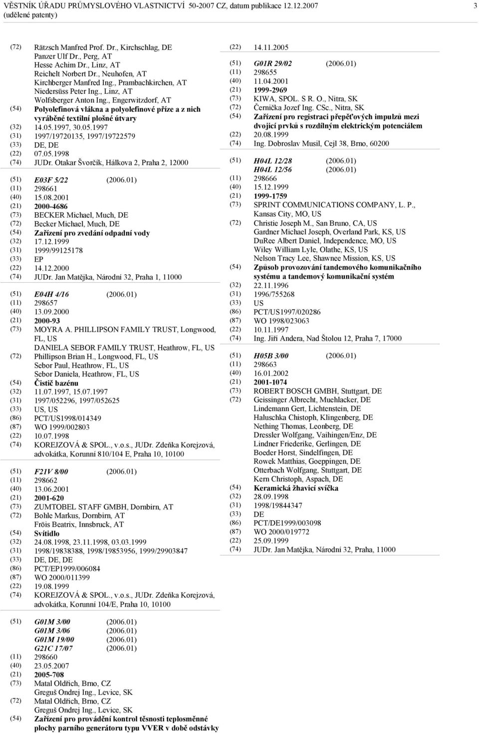 , Engerwitzdorf, AT Polyolefinová vlákna a polyolefinové příze a z nich vyráběné textilní plošné útvary 14.05.1997, 30.05.1997 1997/19720135, 1997/19722579 DE, DE 07.05.1998 JUDr.