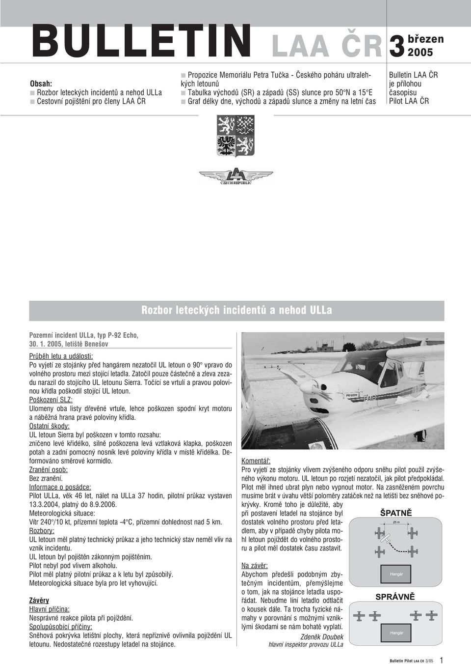 Pozemní incident ULLa, typ P 92 Echo, 30. 1. 2005, letiště Benešov Průběh letu a události: Po vyjetí ze stojánky před hangárem nezatočil UL letoun o 90 vpravo do volného prostoru mezi stojící letadla.