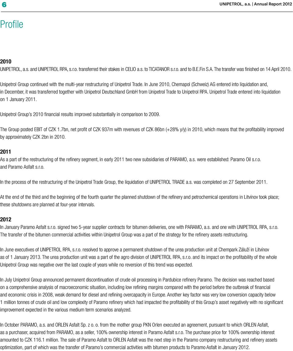 In June 2010, Chemapol (Schweiz) AG entered into liquidation and, in December, it was transferred together with Unipetrol Deutschland GmbH from Unipetrol Trade to Unipetrol RPA.